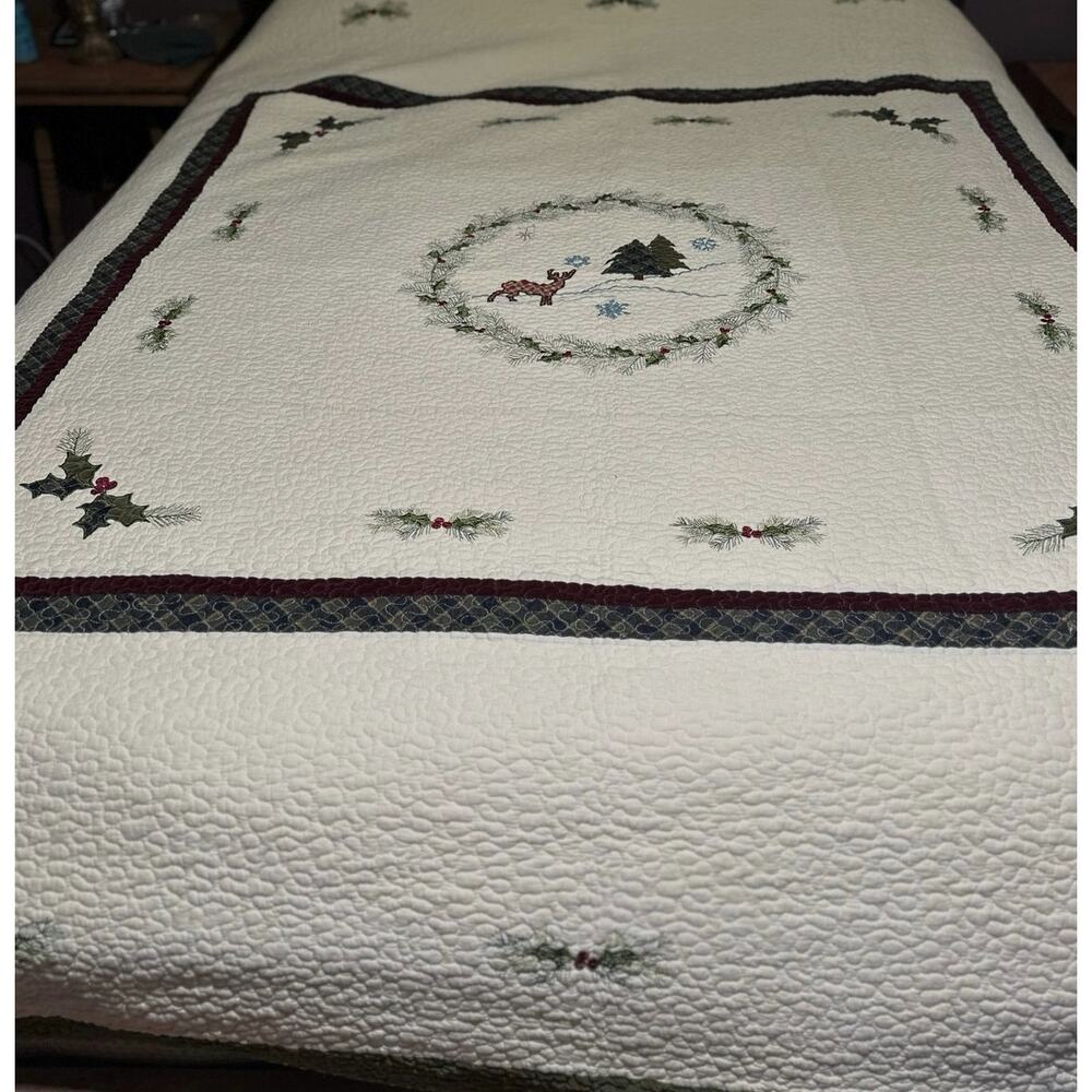Cracker Barrel Christmas Theme Embroidered Quilt Rustic Woodland Scene Deer Full